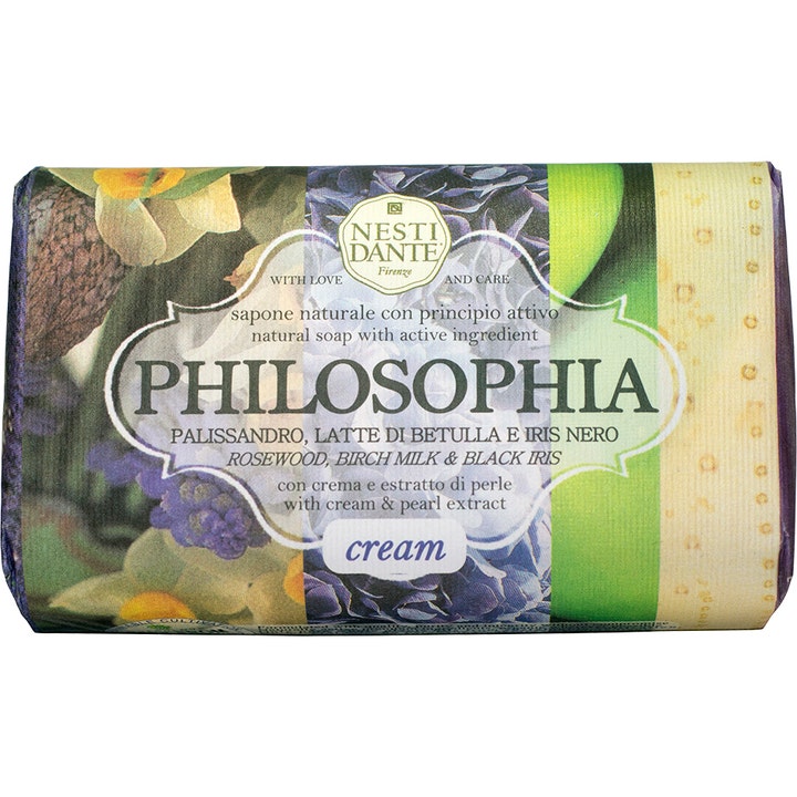 Nesti Dante Philosophia Cream 250g naturlig såpe med perleekstrakt i dekorativt papir med blomstermotiv.