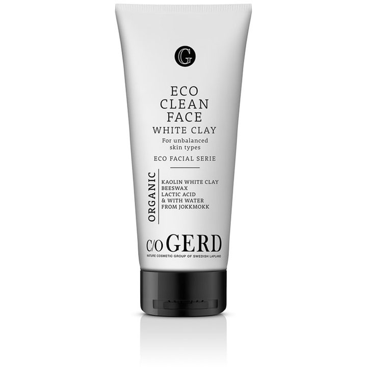 c/o Gerd Eco Clean Face White Clay 75 ml dyprensende ansiktsrens i hvit tube med sort tekst og sort lokk
