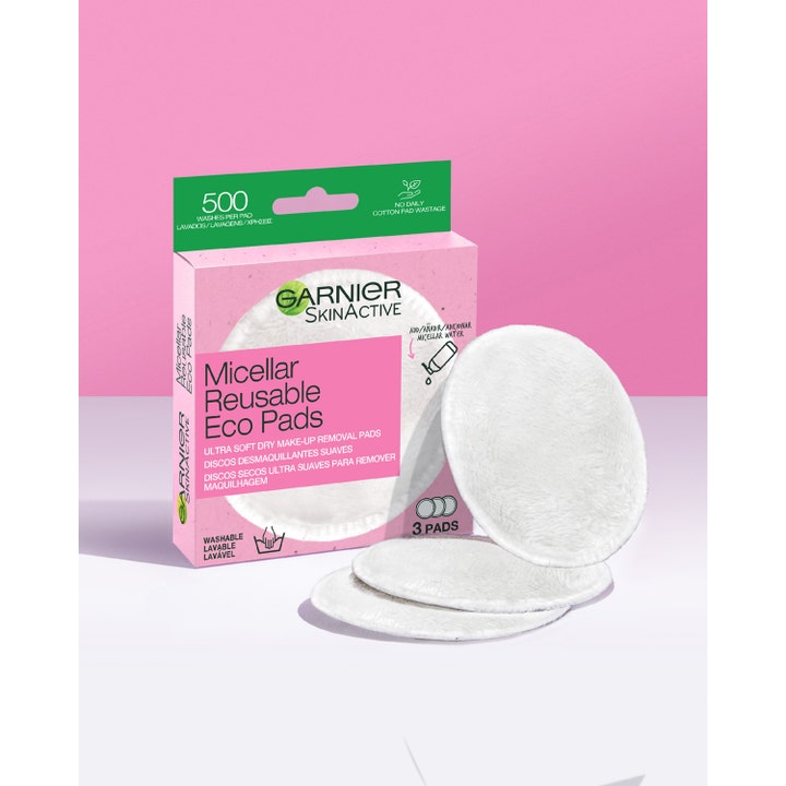 Garnier Skin Active Micellar Reusable Eco Pads 3 stk gjenbrukbare sminkefjernerpads i hvit tekstil med rosa eske