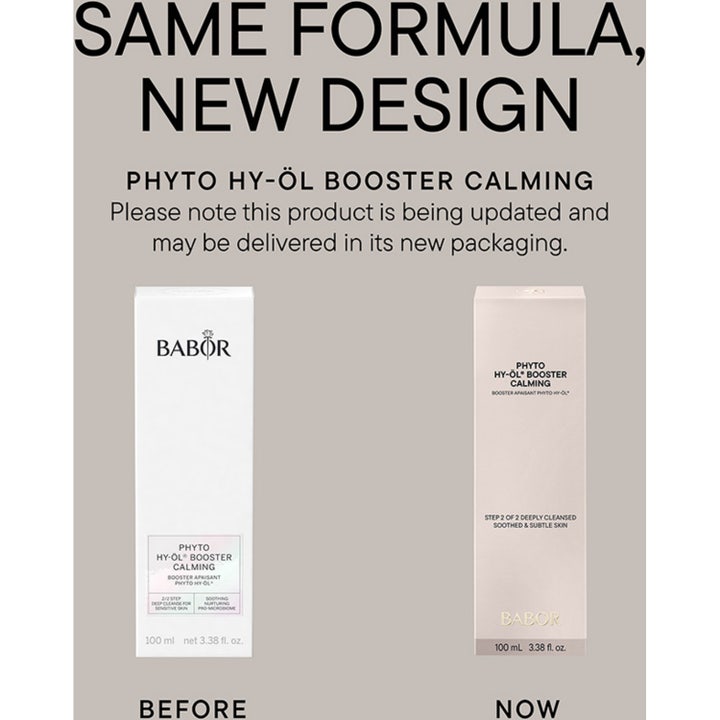 Babor Phyto HY-ÖL Booster Calming 100 ml beroligende ansiktsrens i ny hvit forpakning sammenlignet med gammel