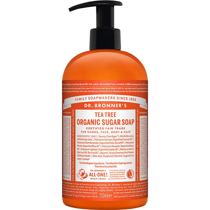 Dr. Bronner's Tea Tree Organic Sugar Soap 710 ml rensende såpe i oransje pumpeflaske med hvit og oransje etikett