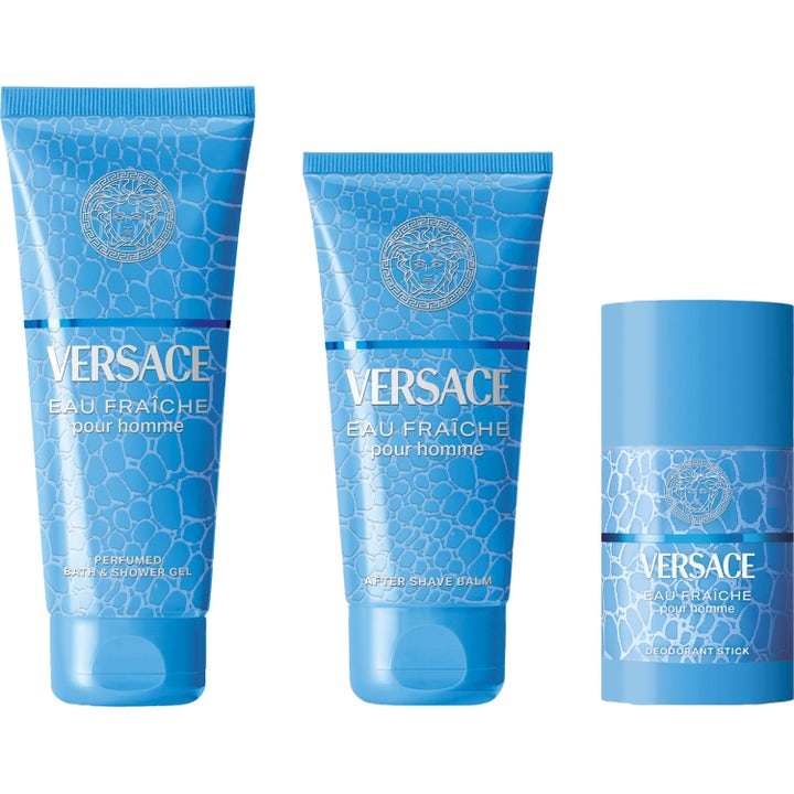 Versace Eau Fraiche deostick 75 ml med dusjgelé og after shave balm i lyseblå tuber med mønstret design