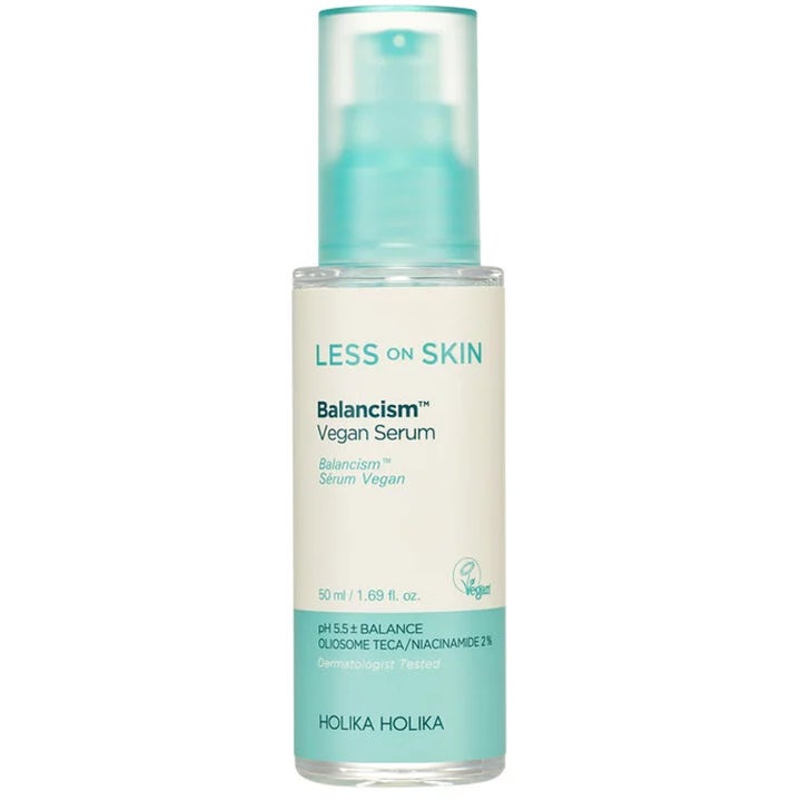 Holika Holika Less On Skin Balancism Vegan Serum 50 ml balanserende serum med niacinamid i klar flaske med turkis kork