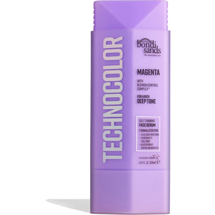 Bondi Sands Technocolor Magenta 50ml selvbruningsserum for ansikt gir dyp glød i lilla rektangulær flaske