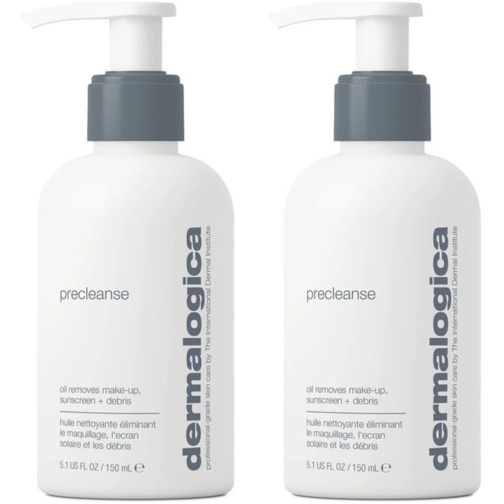 Dermalogica Precleanse 150 ml renseolje fjerner sminke og solkrem i to hvite flasker med grå pumper