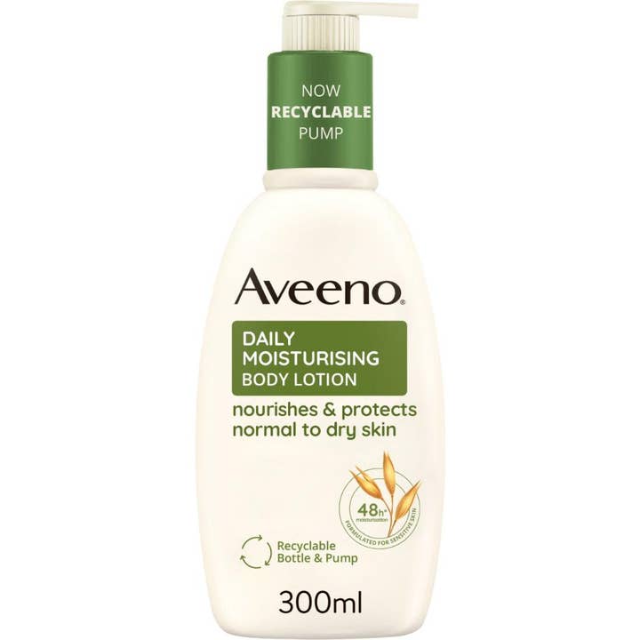 Aveeno Daily Moisturising Body Lotion 300ml pleiende kroppslotion for tørr hud i hvit flaske med grønn resirkulerbar pumpe