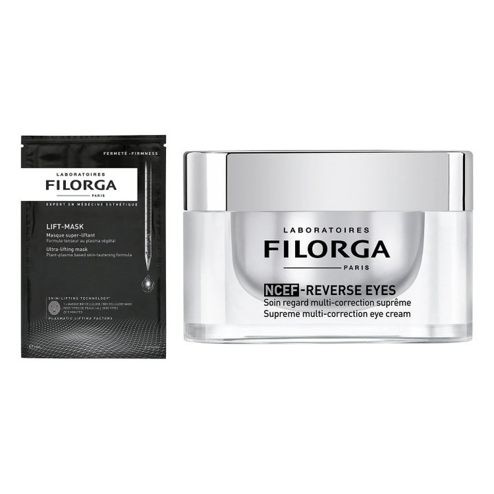 Filorga Lift-Mask og NCEF-Reverse Eyes oppstrammende hudpleie med sort arkmaske og øyekrem i krukke med sølvdetaljer