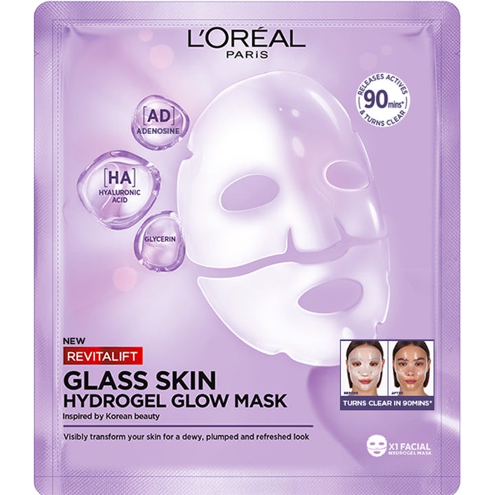 L'Oréal Paris Revitalift Glass Skin Hydrogel Glow Mask 1 stk arkmaske i lilla innpakning som gir glød