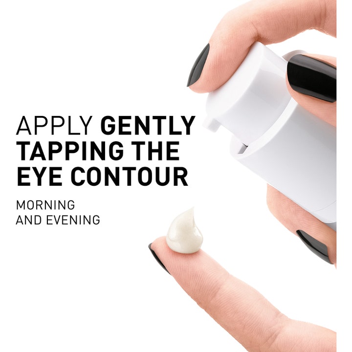 Filorga Optim-Eyes 3-in-1 Eye Contour Cream 15 ml øyekrem mot mørke ringer med hvit pumpeflaske og kremdråpe.