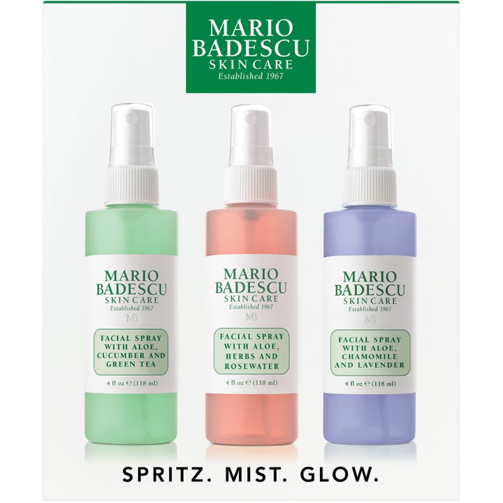 Mario Badescu Spritz Mist Glow fuktighetsspray 3x118 ml i grønn, rosa og lilla flaske med aloe vera