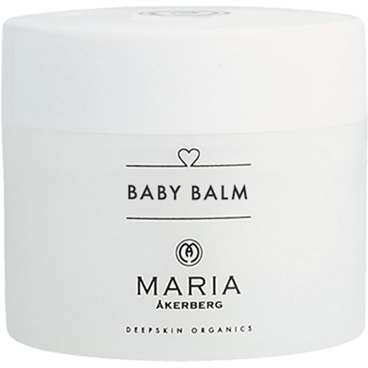 Maria Åkerberg Baby Balm 100 ml beskyttende barnesalve i en hvit krukke med minimalistisk sort tekst og grafikk.