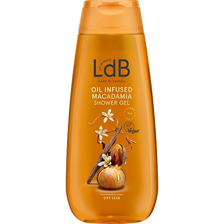 LdB Oil Infused Macadamia Shower Gel gir fukt til tørr hud i en ravfarget flaske med bilde av macadamianøtter