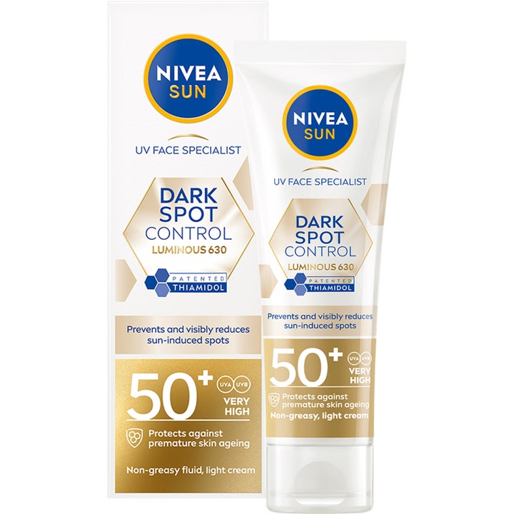 Nivea Sun Dark Spot Control Luminous 630 SPF 50+ ansiktssolkrem mot pigmentflekker i hvit tube og eske med gull