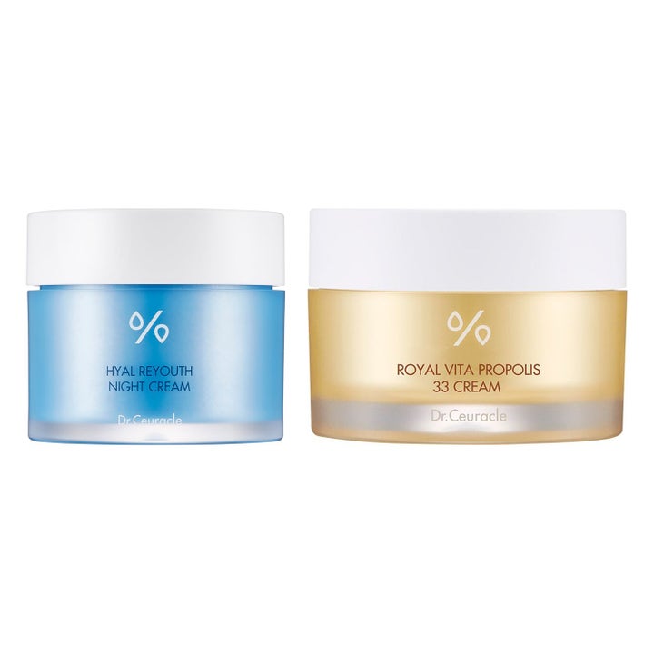 Dr. Ceuracle Hyal Reyouth og Royal Vita Propolis 33 Cream fuktgivende ansiktskremer i blå og gyllen glasskrukke