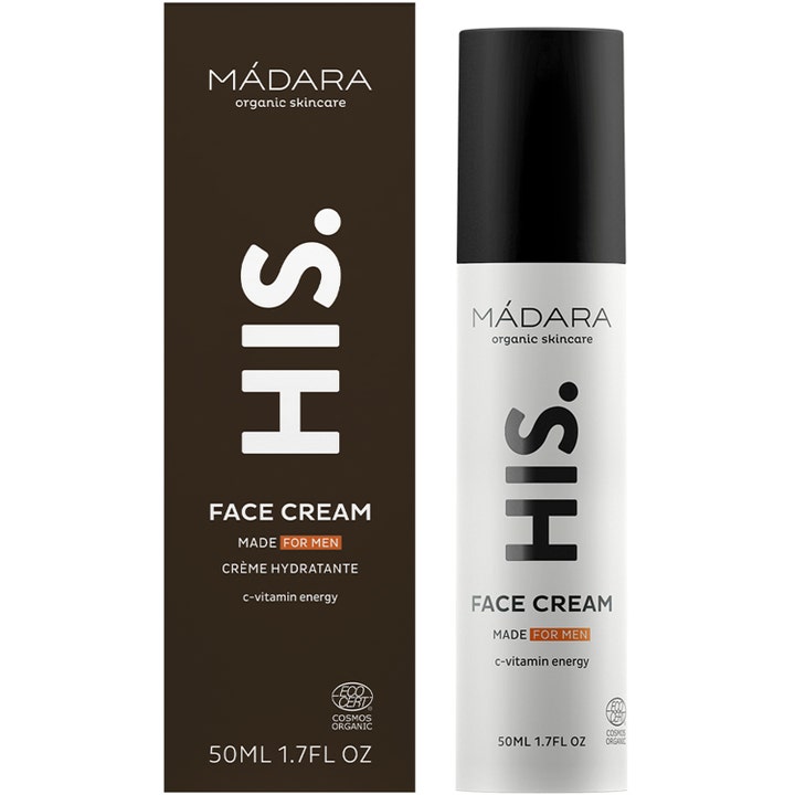 MÁDARA HIS Face Cream 50 ml fuktighetsgivende dagkrem med c-vitamin i hvit flaske og mørkebrun eske.