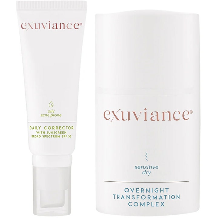 Exuviance Daily Corrector og Overnight Transformation Complex hudpleie i hvit tube og pumpeflaske som gir fukt og SPF 35
