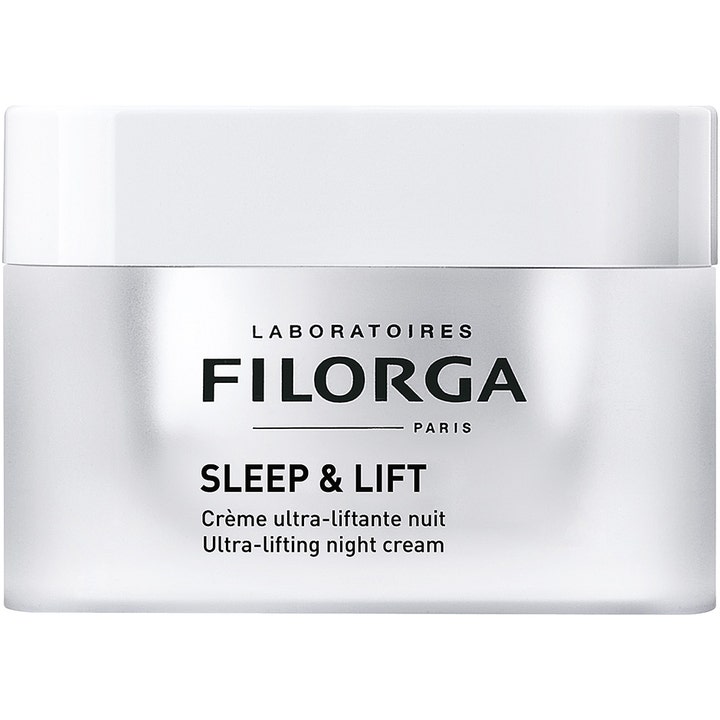 Filorga Sleep & Lift Ultra-lifting nattkrem som strammer opp huden i en stilren sølvfarget krukke med hvitt lokk.