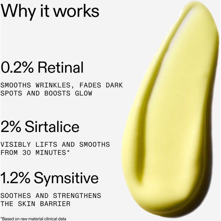 The INKEY List Advanced Retinal Serum 15 ml hudserum som glatter rynker med lysegul tekstur og tekst om 0.2% retinal.