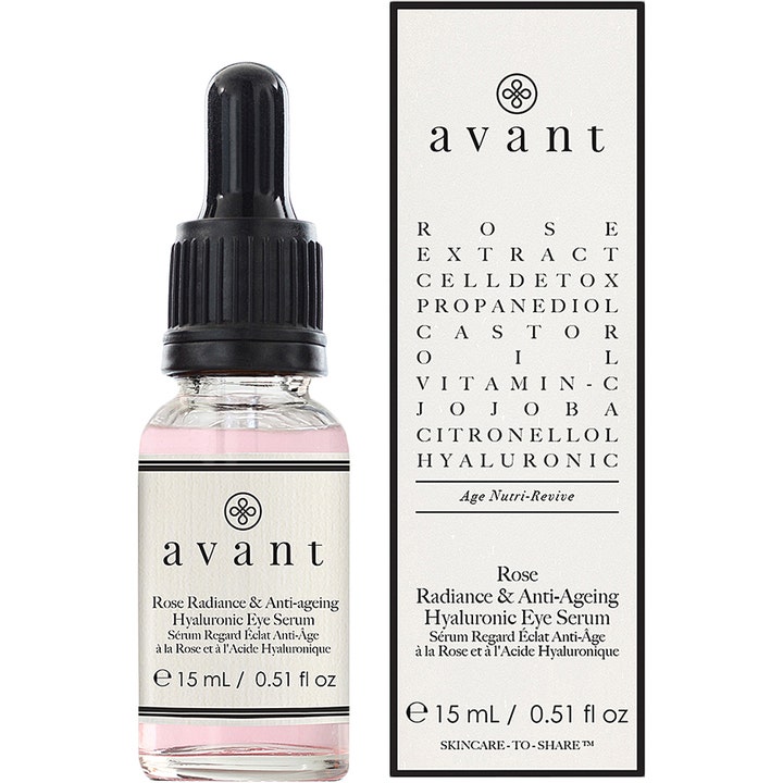 Avant Skincare Rose Radiance & Anti-ageing Hyaluronic Eye Serum 15 ml øyeserum i glassflaske med pipette og hvit eske