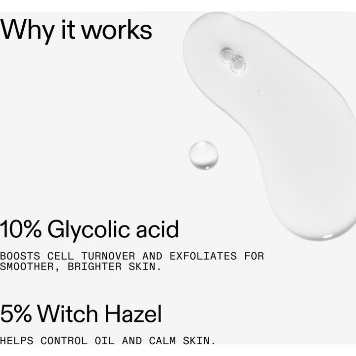 The INKEY List Glycolic Acid Toner 100 ml eksfolierende toner med klar tekstur, 10% glykolsyre og 5% trollhassel