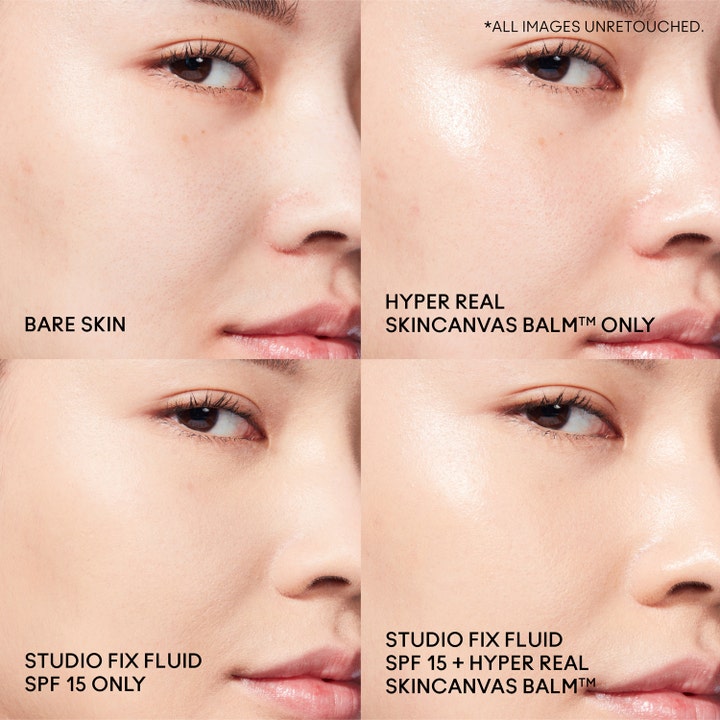 MAC Cosmetics Hyper Real Skincanvas Balm 50 ml fuktighetskrem gir glød vist i fire sammenligningsbilder på hud.