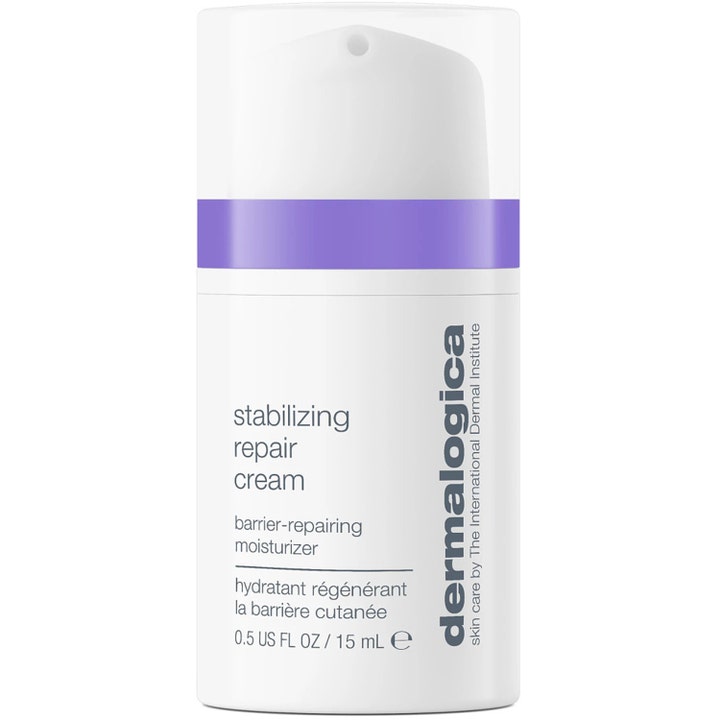 Dermalogica Stabilizing Repair Cream 15 ml barriere-reparerende fuktighetskrem i hvit pumpeflaske med lilla stripe.