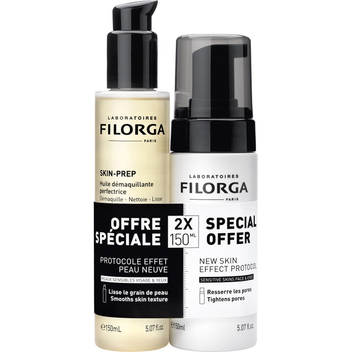 Filorga Skin-Prep 2x 150 ml ansiktsrens for glattere hud med en klar olje og hvit skumrens i praktiske pumpeflasker.