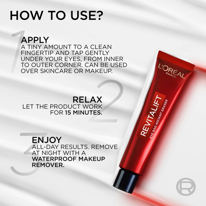 L'Oréal Paris Revitalift Laser Eye Bag Eraser 15 ml øyekrem i rød tube med bruksanvisning mot poser under øynene