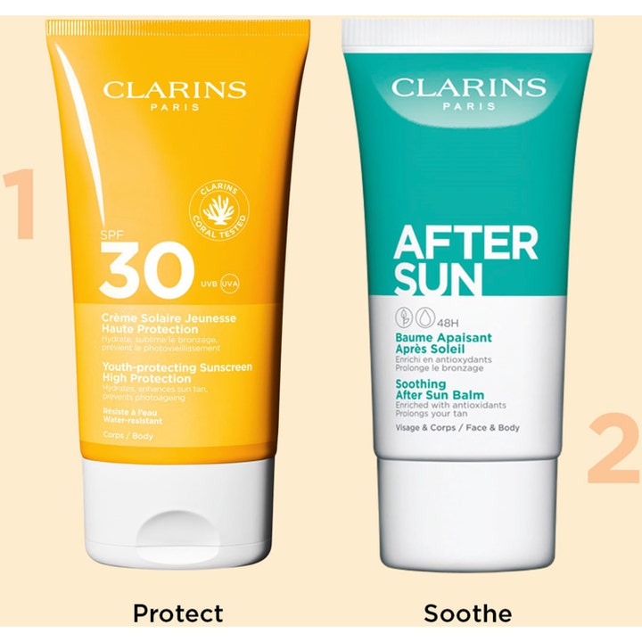 Clarins Youth-protecting Sunscreen 150 ml solkrem med SPF 30 og After Sun Balm i gule og turkise tuber merket 1 og 2