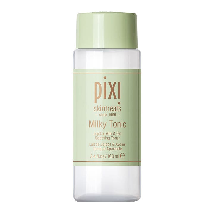 Pixi Milky Tonic 100 ml beroligende ansiktsvann i klar plastflaske med lysegrønn kork og melkeaktig innhold