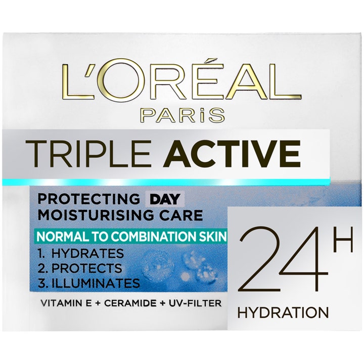 L'Oréal Paris Triple Active Day fuktighetskrem som gir glød i hvit og blå eske for normal til kombinert hud