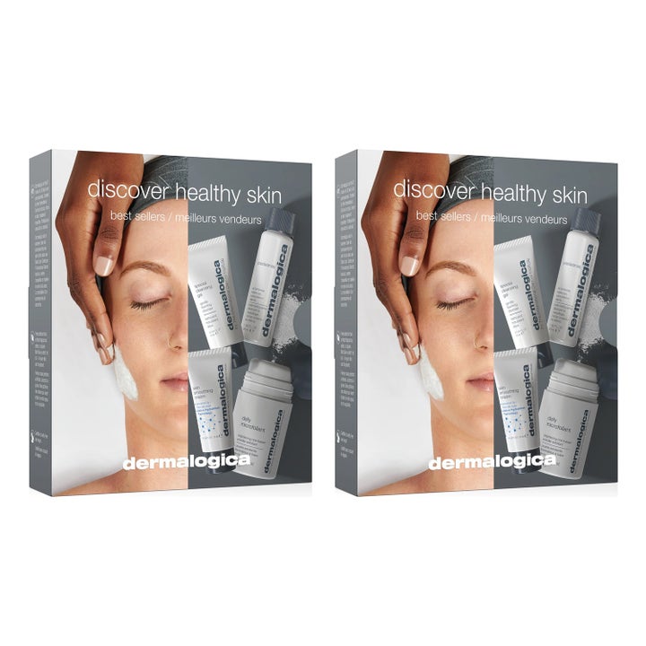 Dermalogica Discover Healthy Skin Kit sett med fire produkter for sunn hud i hvite og grå tuber og flasker