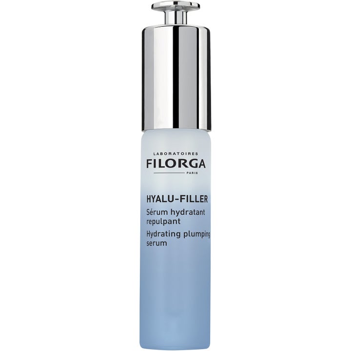 Filorga Hyalu-Filler Hydrating Plumping Serum gir fuktighet i en frostet glassflaske med blå gradient og sølvpumpe
