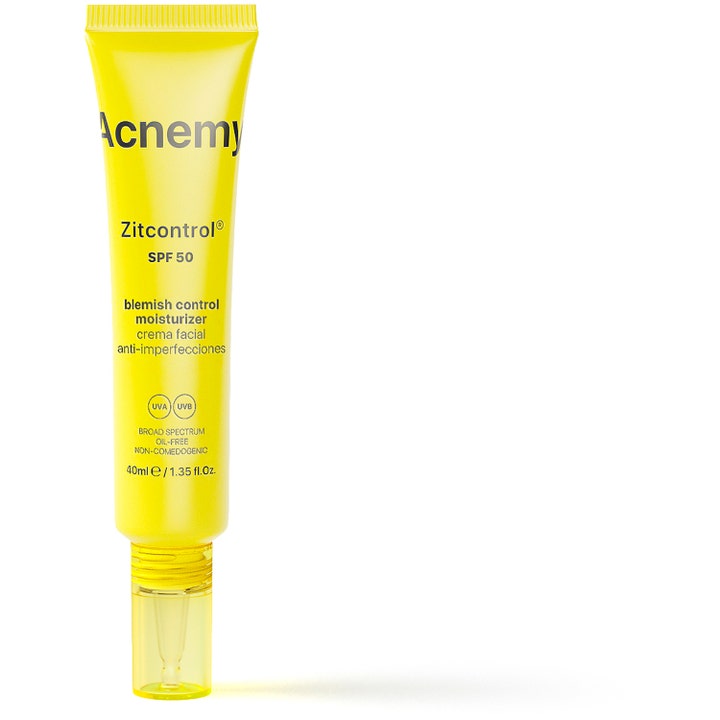 Acnemy Zitcontrol SPF 50 40 ml ansiktskrem mot urenheter i en gul tube med gjennomsiktig kork