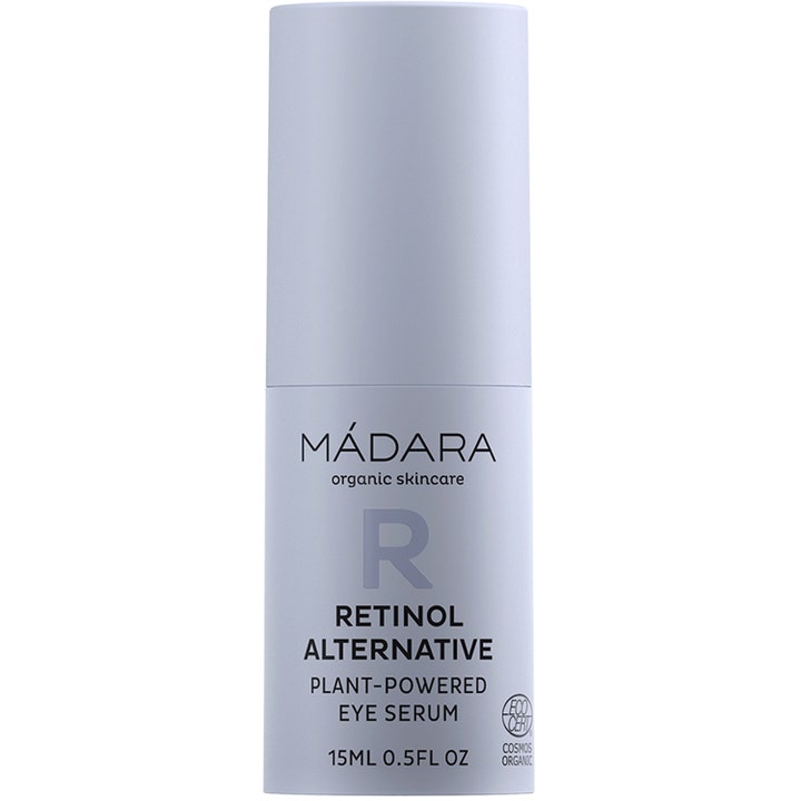Mádara Retinol Alternative Plant-Powered Eye Serum 15 ml øyeserum som fornyer huden i matt lilla beholder.