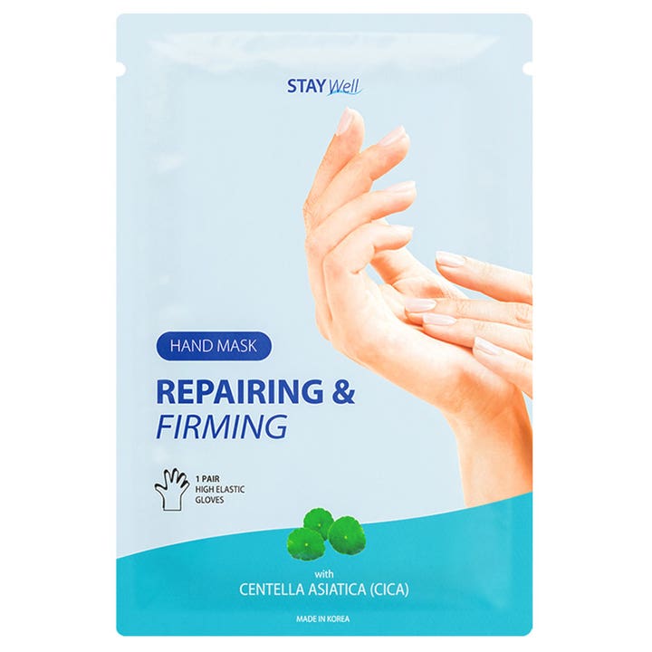 STAY Well Repairing & Firming Hand Mask 1 par oppstrammende håndmaske med CICA i lyseblå pose med hender og blader