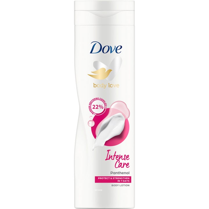Dove Body Love Intense Care body lotion med panthenol styrker hudbarrieren i hvit flaske med rosa detaljer.
