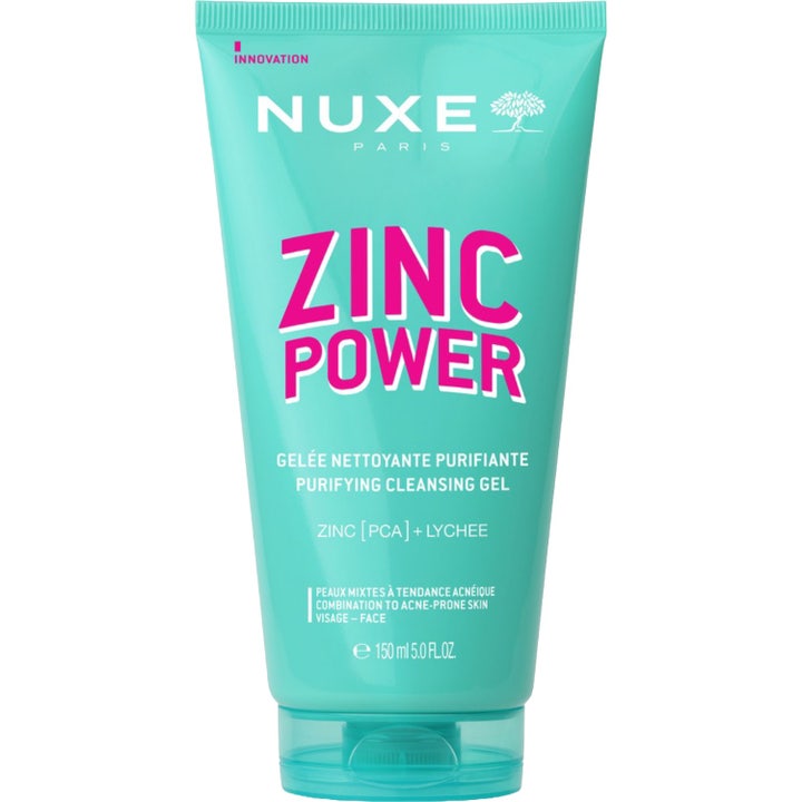 Nuxe Zinc Power 150 ml rensende ansiktsgel med sink mot urenheter i en turkis plasttube med rosa tekst