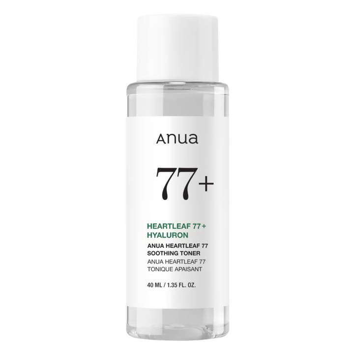 Anua Heartleaf 77% Soothing Toner 40ml beroligende ansiktstoner i klar plastflaske med hvit etikett og kork