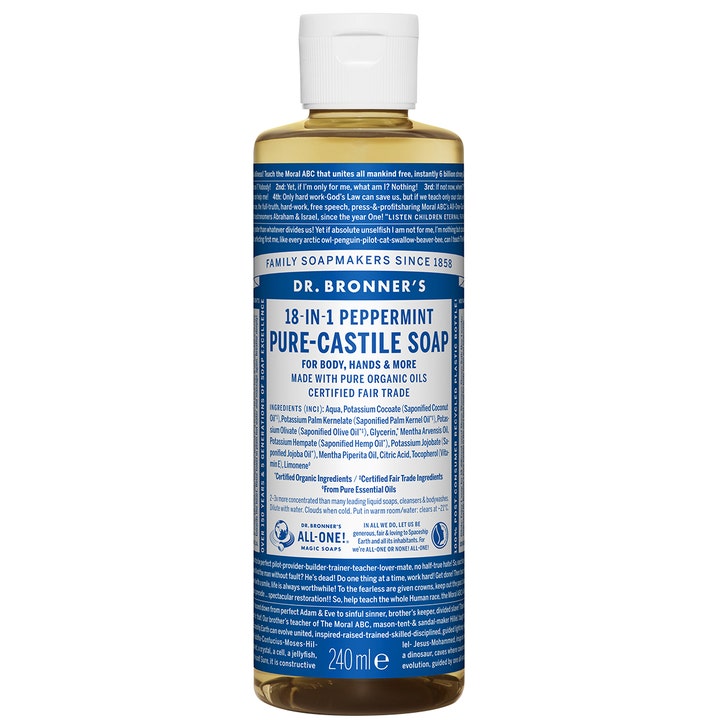 Dr. Bronner's 18-in-1 Peppermint Pure-Castile Soap 240 ml flerbrukssåpe i plastflaske med blå etikett og hvit kork