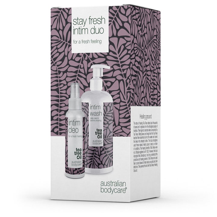 Australian Bodycare Stay Fresh Intimate Duo 600 ml intimvård med Tea Tree Oil i lilla mønstret gaveeske.