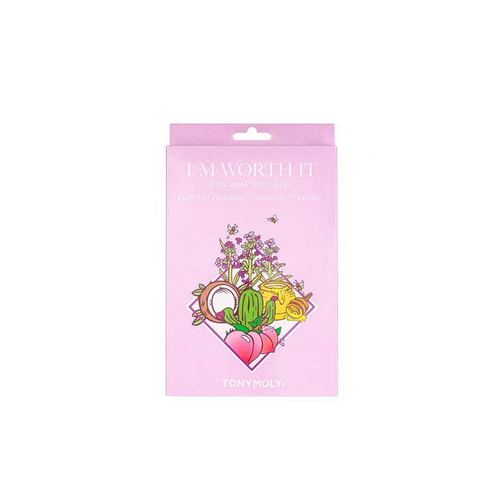 Tonymoly I'm Worth It Face Mask Set 5 stk sheetmasker for fukt og næring i lilla eske med planteillustrasjoner