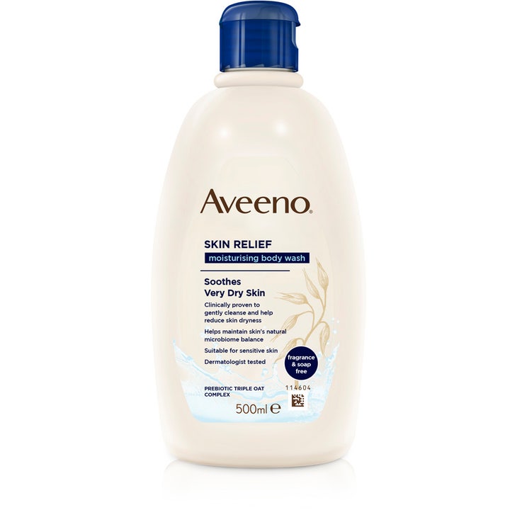 Aveeno Skin Relief Body Wash 500ml beroligende dusjsåpe for tørr hud i en beige plastflaske med blått lokk og havremønster.