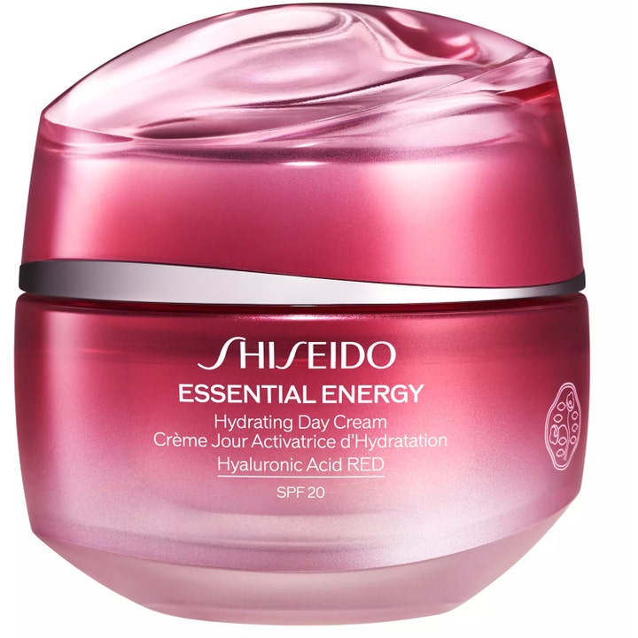 Shiseido Essential Energy Hydrating Day Cream SPF 20 fuktgivende dagkrem med hyaluronsyre i rosa krukke med bølget lokk