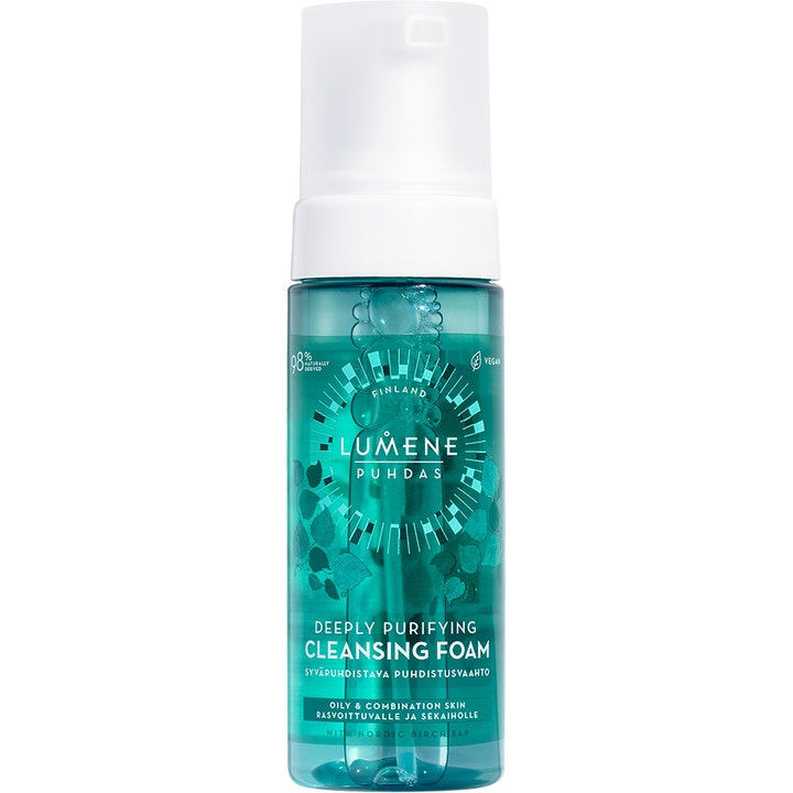 Lumene Puhdas Deeply Purifying Cleansing Foam renseskum gir dyprens i en turkis plastflaske med hvit pumpe og kork