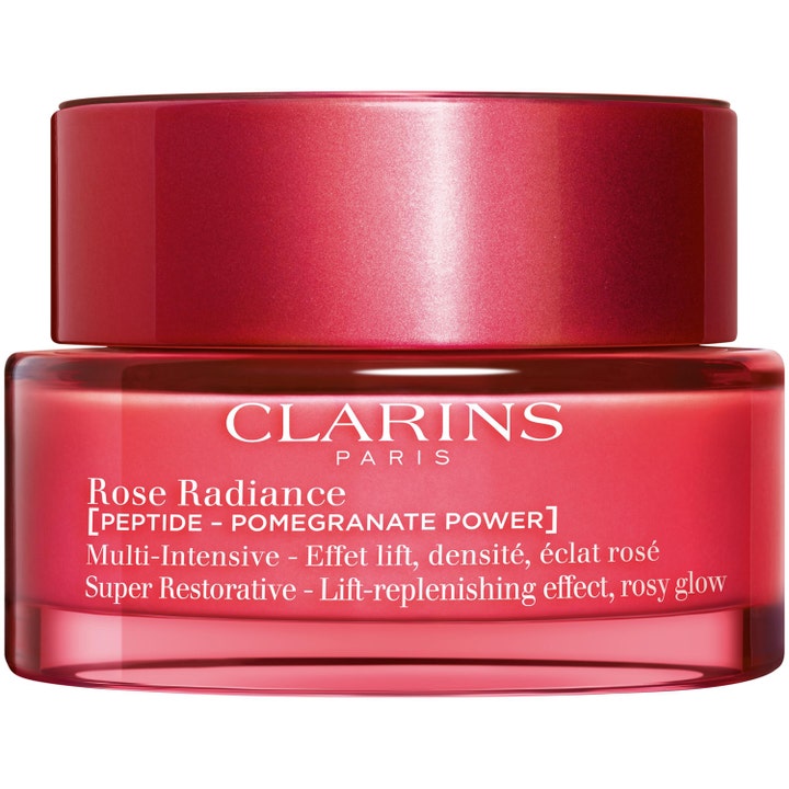 Clarins Rose Radiance Multi-Intensive ansiktskrem gir glød og løft i en elegant rød glasskrukke med metallisk lokk.