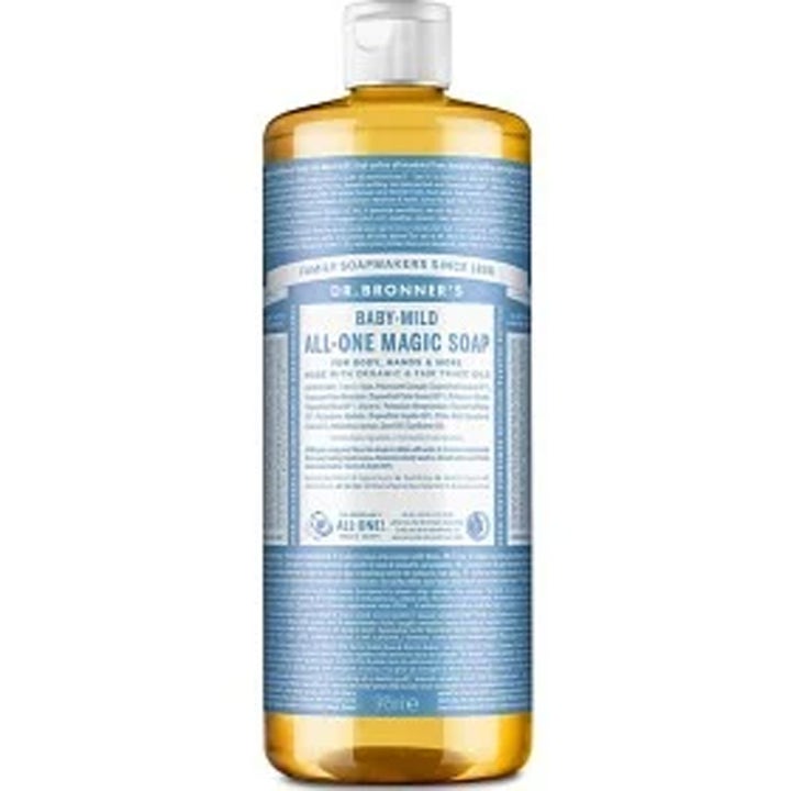 Dr. Bronner's Baby-Mild All-One Magic Soap 945 ml flytende såpe som gir mild pleie i plastflaske med lyseblå etikett