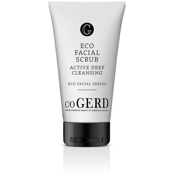 c/o Gerd Eco Facial Scrub dyprensende ansiktsskrubb i hvit tube med stilrent sort design og lokk