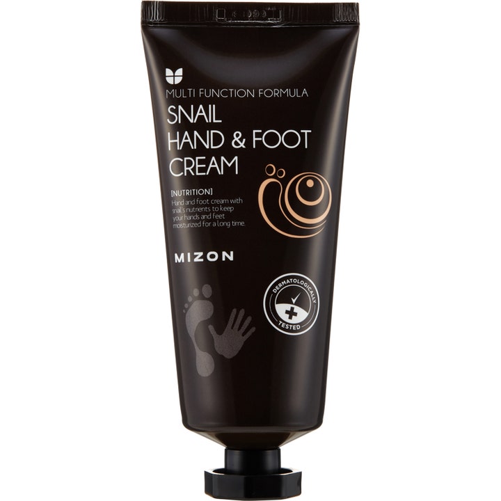 Mizon Hand And Foot Cream Snail 100 ml pleiende krem med snigelslem i mørkebrun tube med ikoner av hånd og fot