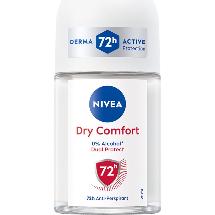 Nivea Dry Comfort 25 ml anti-perspirant gir 72h beskyttelse i en roll-on glassflaske med hvit kork.